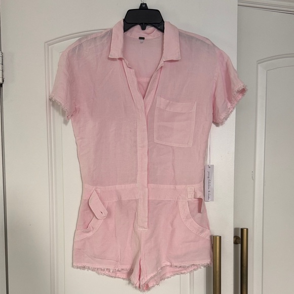 Young Fabulous & Broke Pants - Young Fabulous & Broke Felix Raw Edge Pale Pink Short Sleeve Romper
